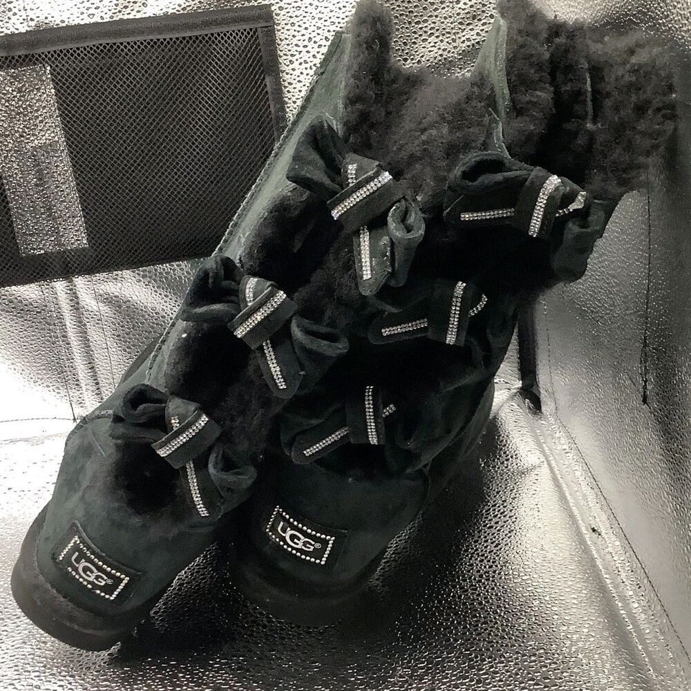 UGG Amelie 1008148 Swarovski Crystal Triple Bow Tall Boots Black Womens 7 Rare